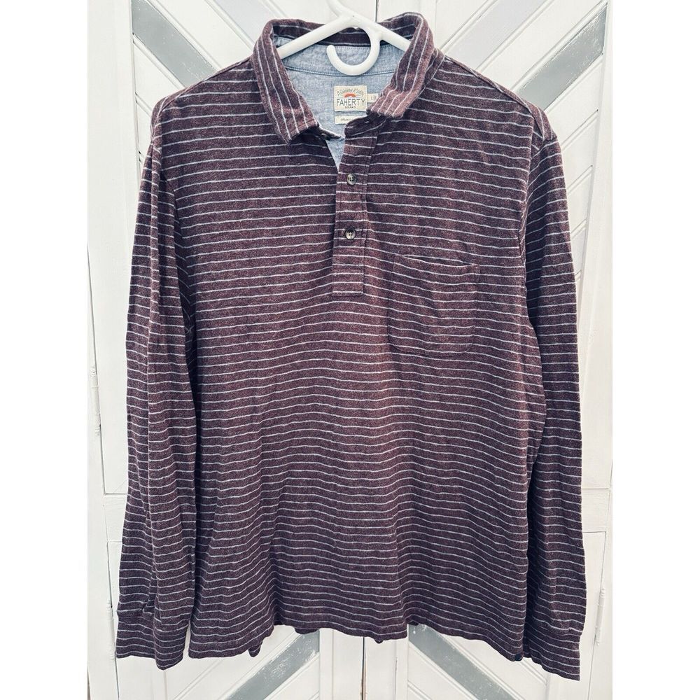 Faherty Brand Men's Large Maroon Blue Striped Cotton Long Sleeve 1/4 Button Polo - Picture 3 of 13